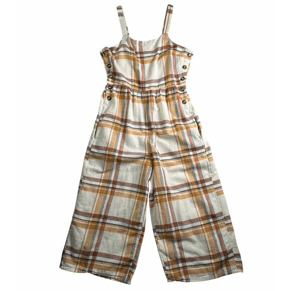 American Eagle Plaid Wide Leg Jumpsuit Linen Blend Size 12 Button Straps Pockets - Picture 2 of 12